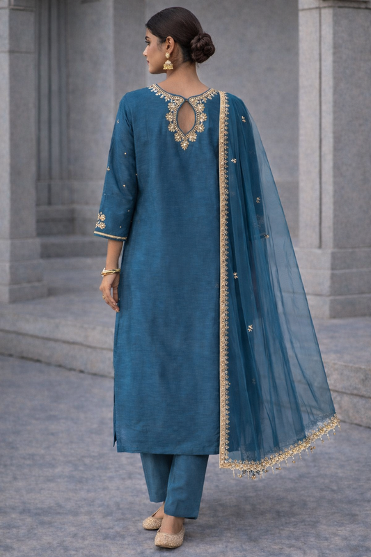 Teal Blue Embellished Straight Kurta Set with Net Dupatta
