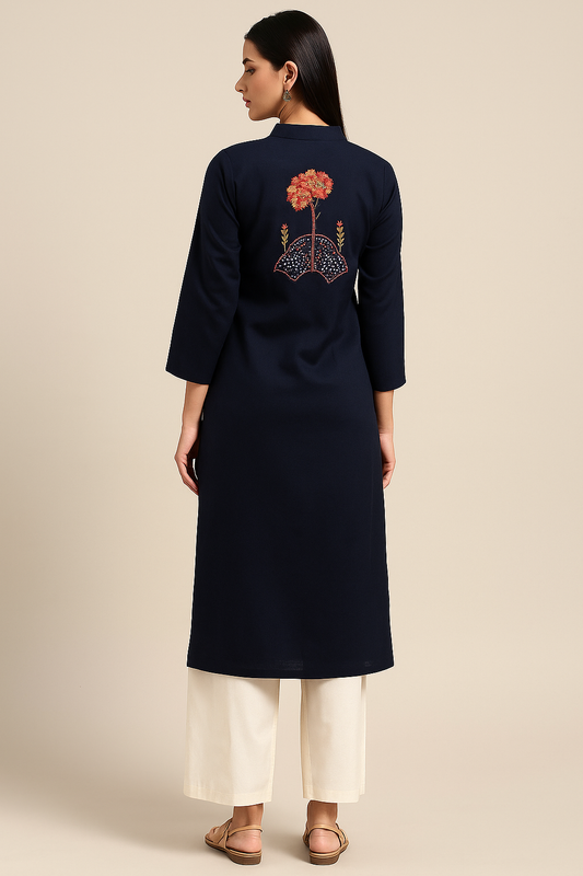 Midnight Navy Blossom Kurti