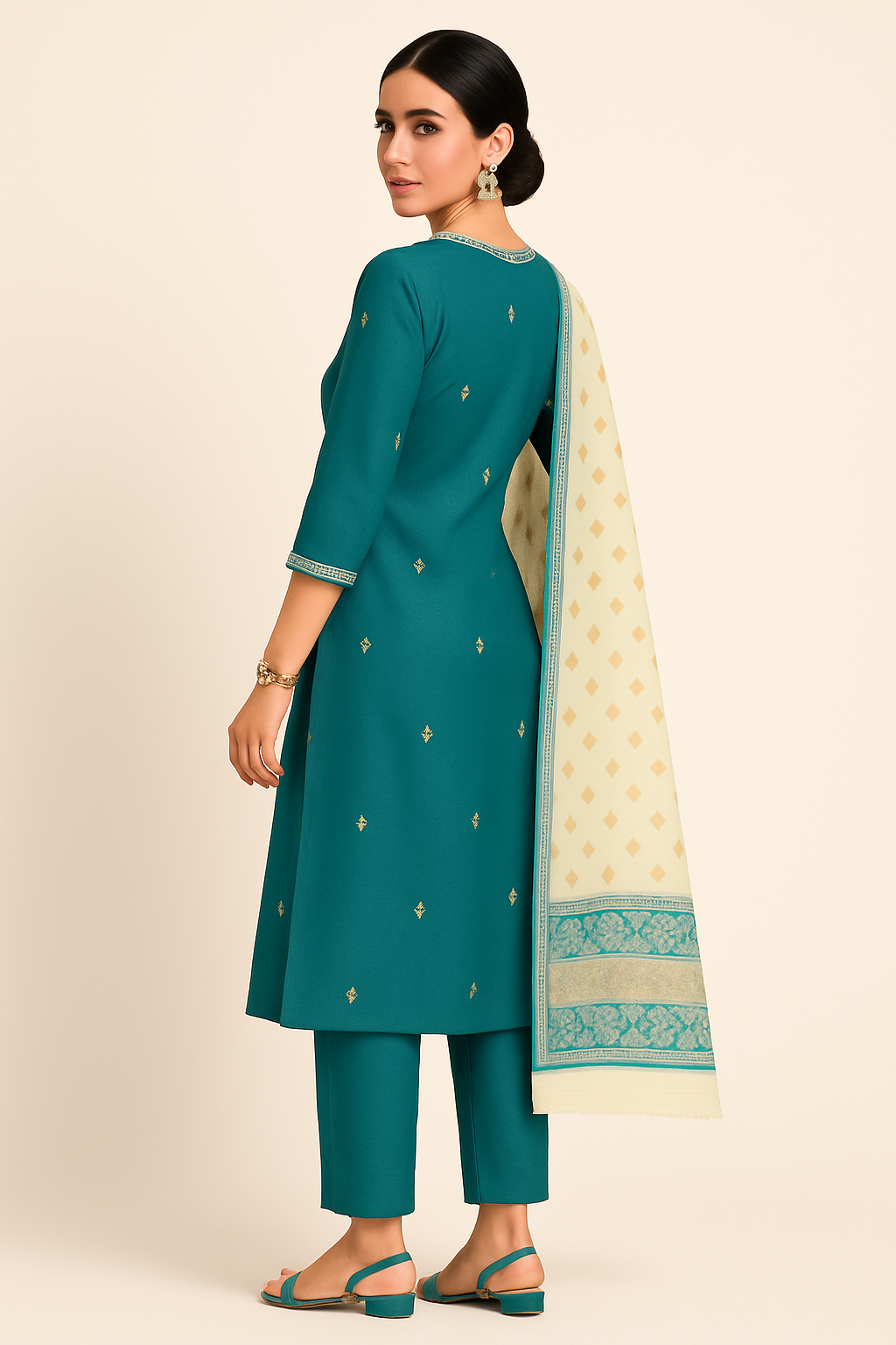 Teal Elegance Embroidered Kurta Set with Jacquard Dupatta