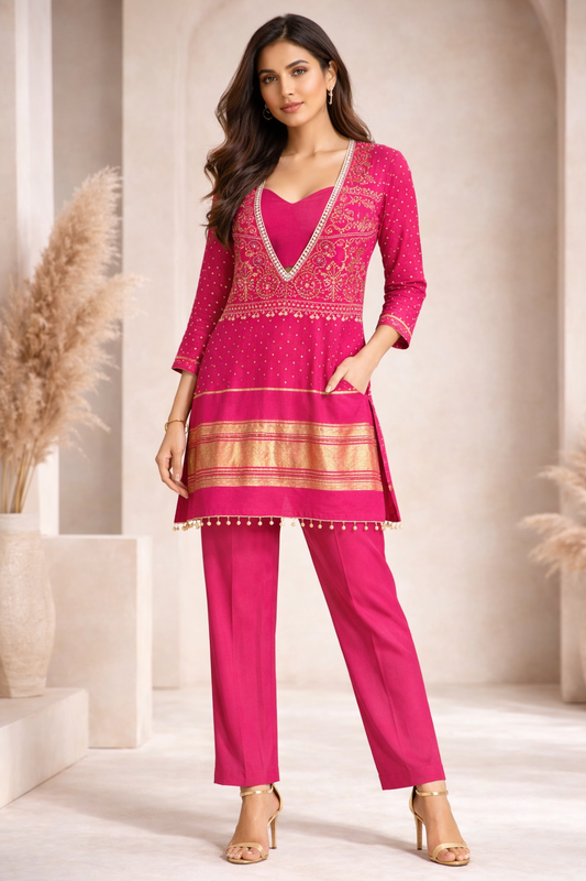 Rosy Pink Layered Kurta Pant Set (3-Piece)
