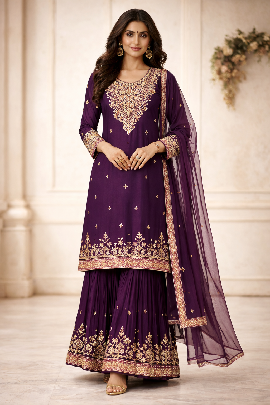 Royal Plum Embroidered Sharara Set (3-Piece)