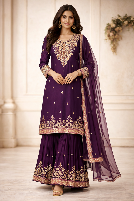Royal Plum Embroidered Sharara Set (3-Piece)