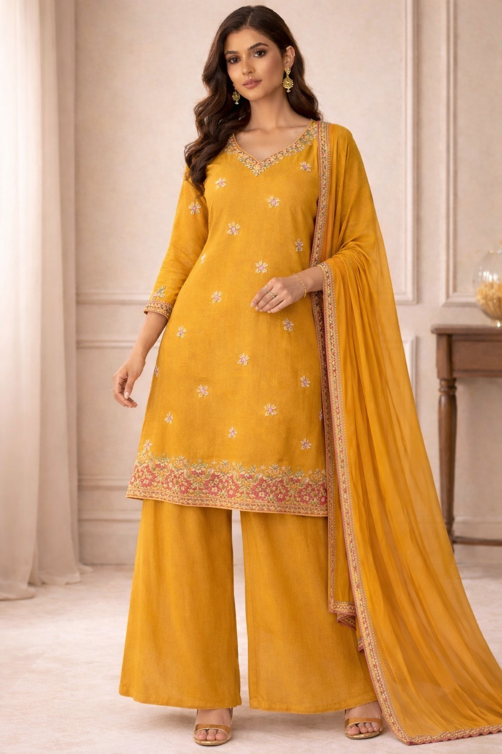 Mustard Bloom Palazzo Suit Set (3-Piece)