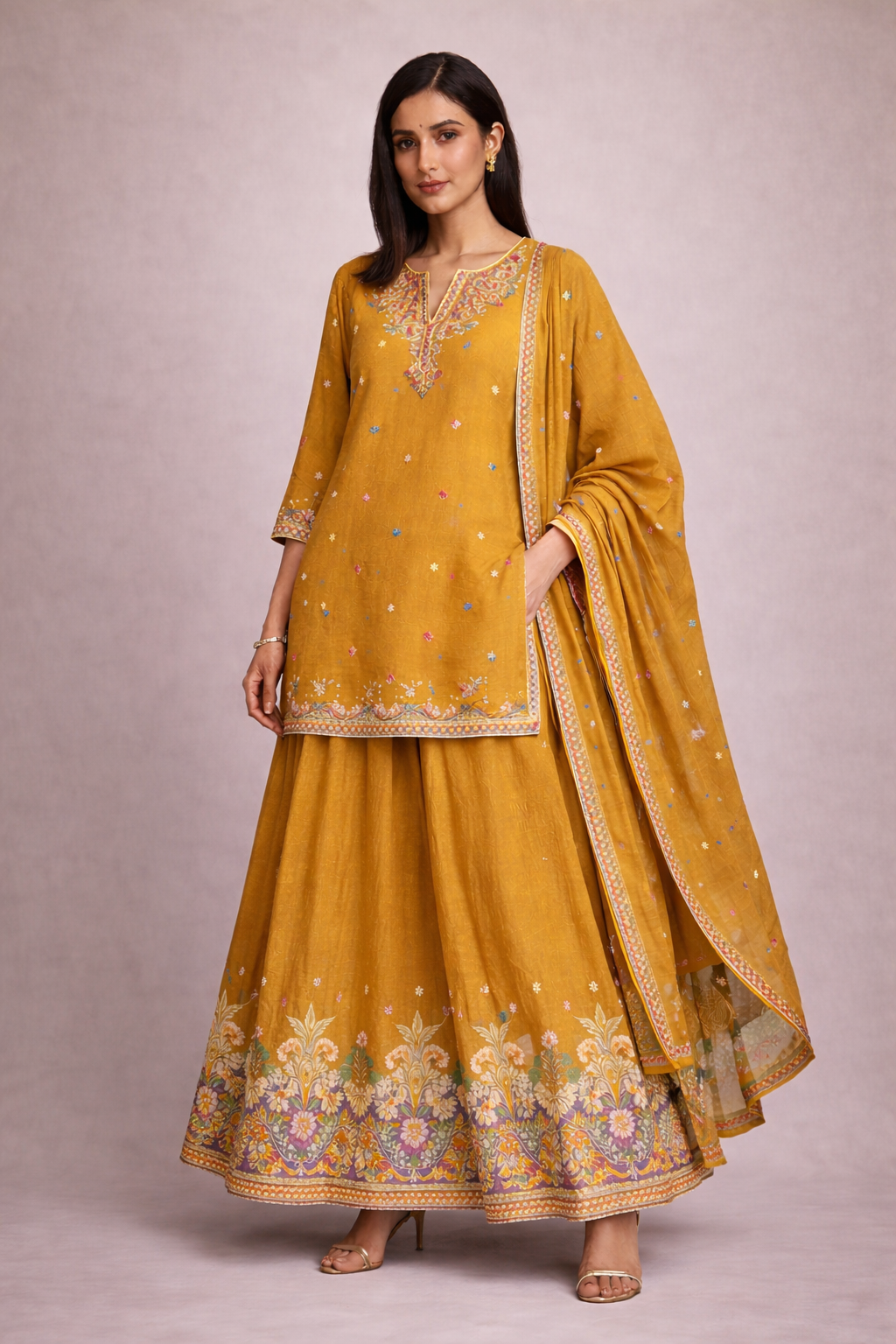 Mustard Bloom Embroidered Kurta Skirt Set