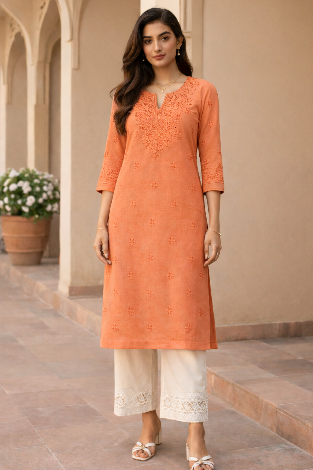 Pastel Orange Chikankari Straight Kurta