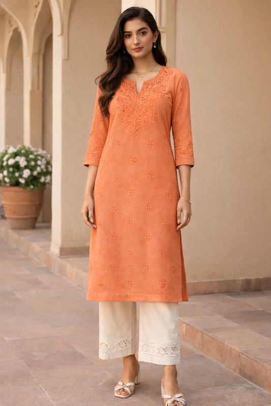 Pastel Orange Chikankari Straight Kurta