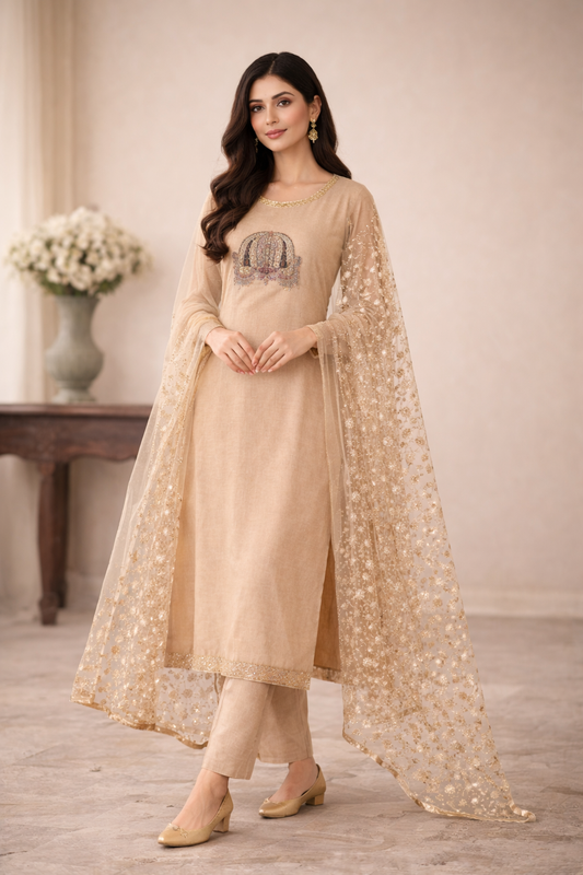 Golden Beige Mirror-Net Kurta Set