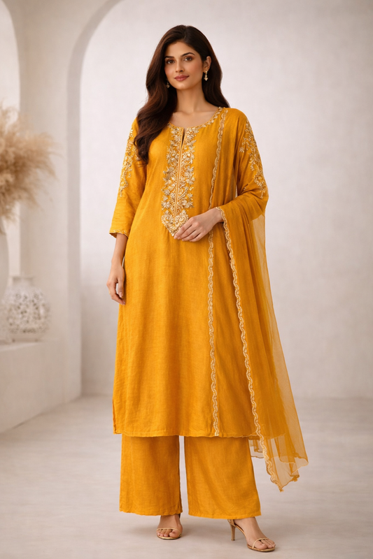 Golden Mustard Embroidered Full-Length Kurta Set (3-Piece)