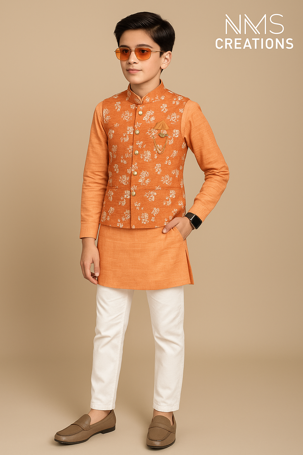 Boys Kurta Set in Sunset Orange with Embroidered Koti | Code: 2301