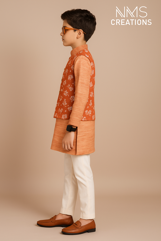 Boys Kurta Set in Sunset Orange with Embroidered Koti | Code: 2301