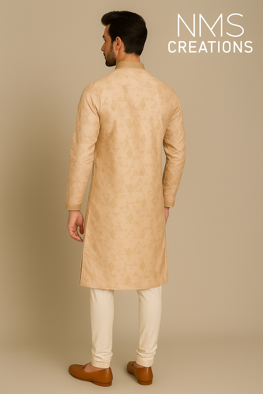 Ivory Beige Geometric Embroidered Kurta Set