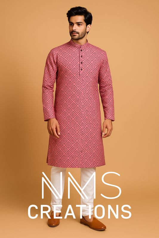 Fuchsia Geometric Print Cotton Kurta for Men