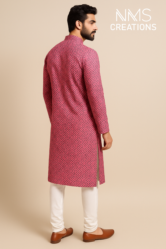 "Festive Pink Fuchsia Charm" – Geometric Print Cotton Kurta