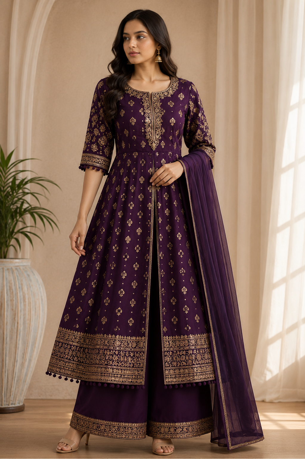 Royal Purple embroidered Anarkali suit set with palazzo pants and dupatta