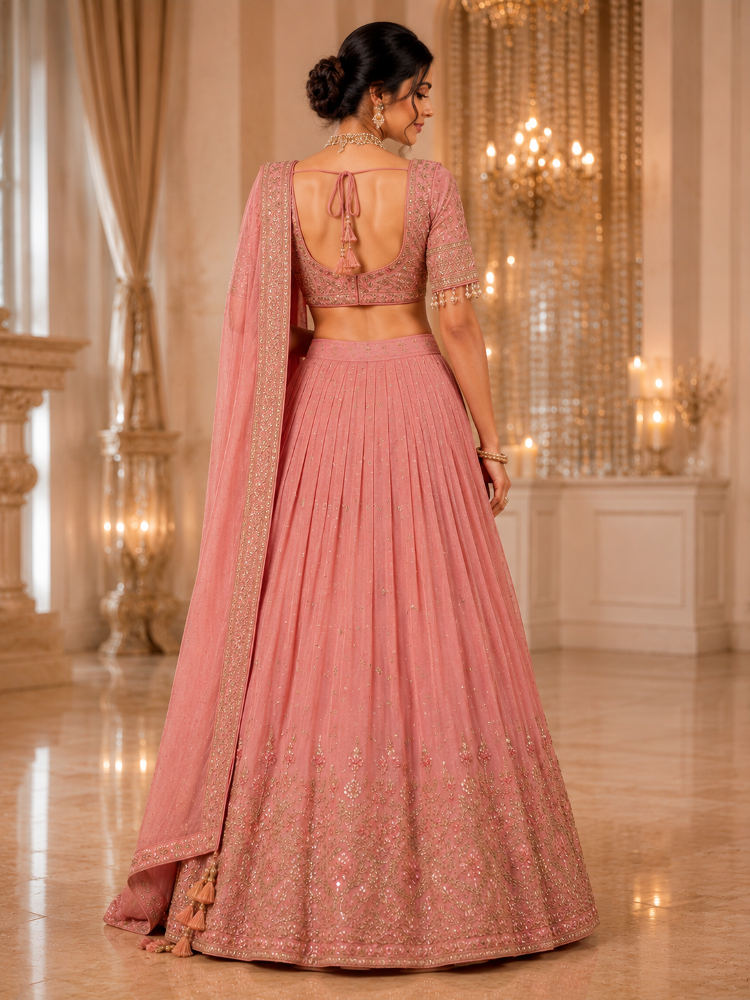 Blush pink Royal Grace embroidered lehenga choli, back view