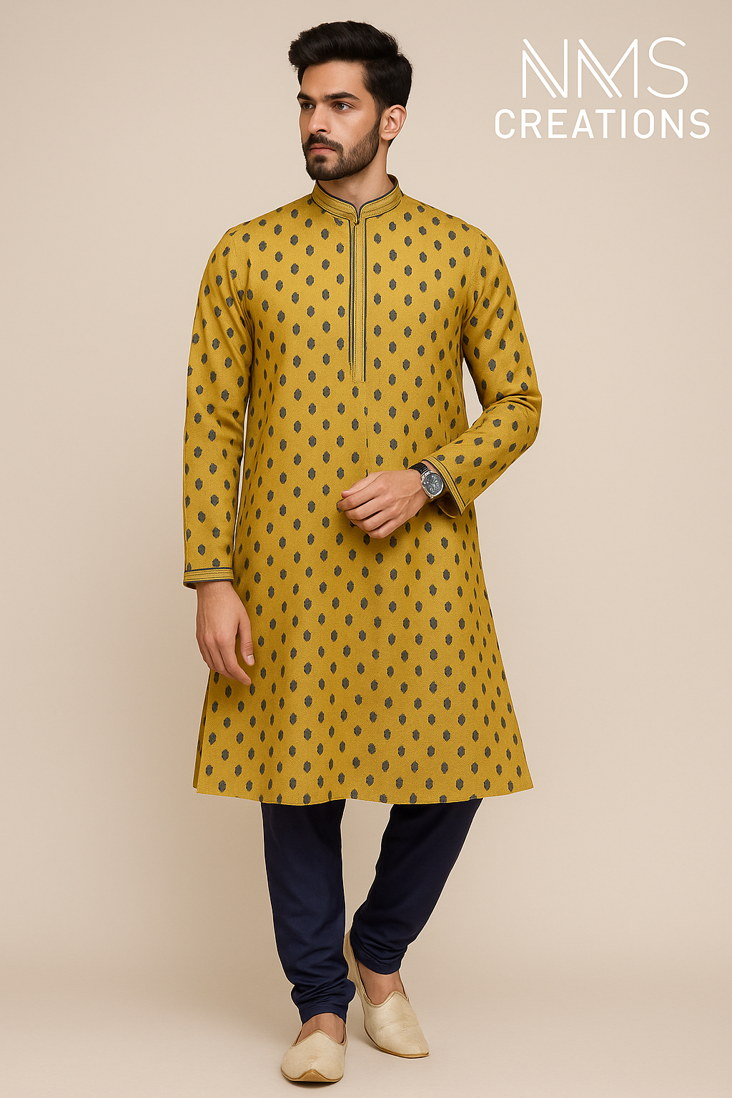 Yellow Golden Polka Kurta Set with Navy Churidar 9183