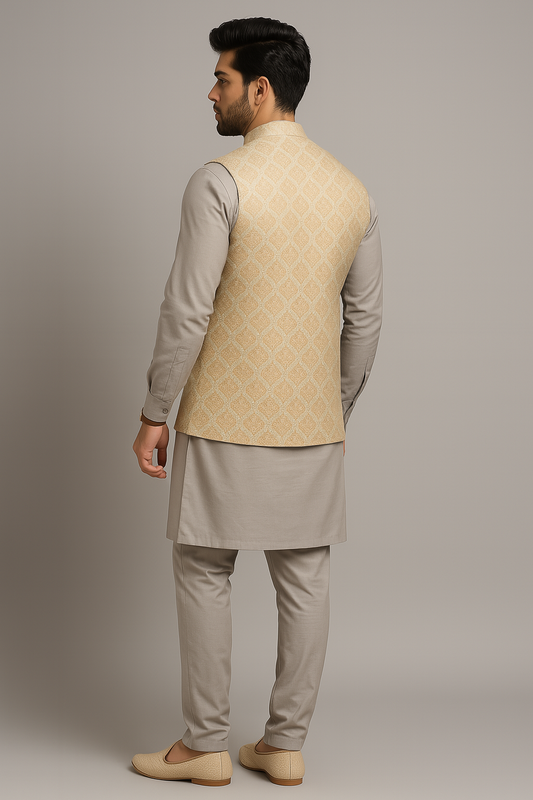 Regal Beige Brocade Koti Kurta Set – Elegant Light Grey Ensemble for Men