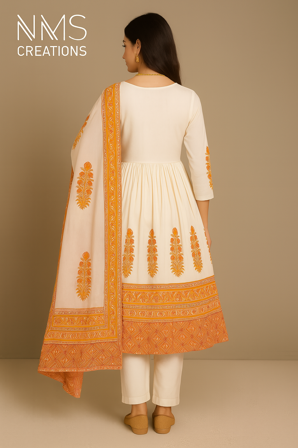 White Marigold Anarkali Set – 3 Piece (Code: NMS3827)