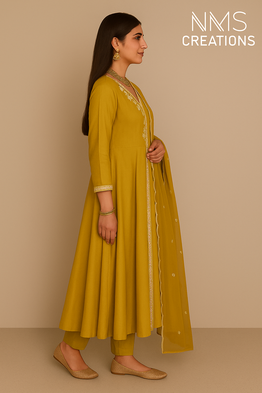 Mustard Yelllow Embroidered Anarkali Set (Code: NMS3828)