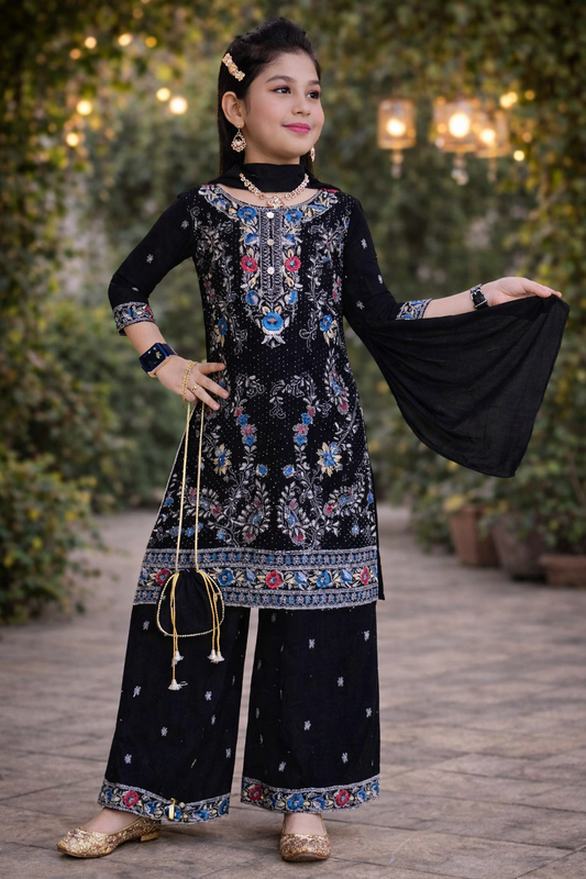 Girl wearing black embroidered festive suit with ethnic jewelry and floral details outdoors