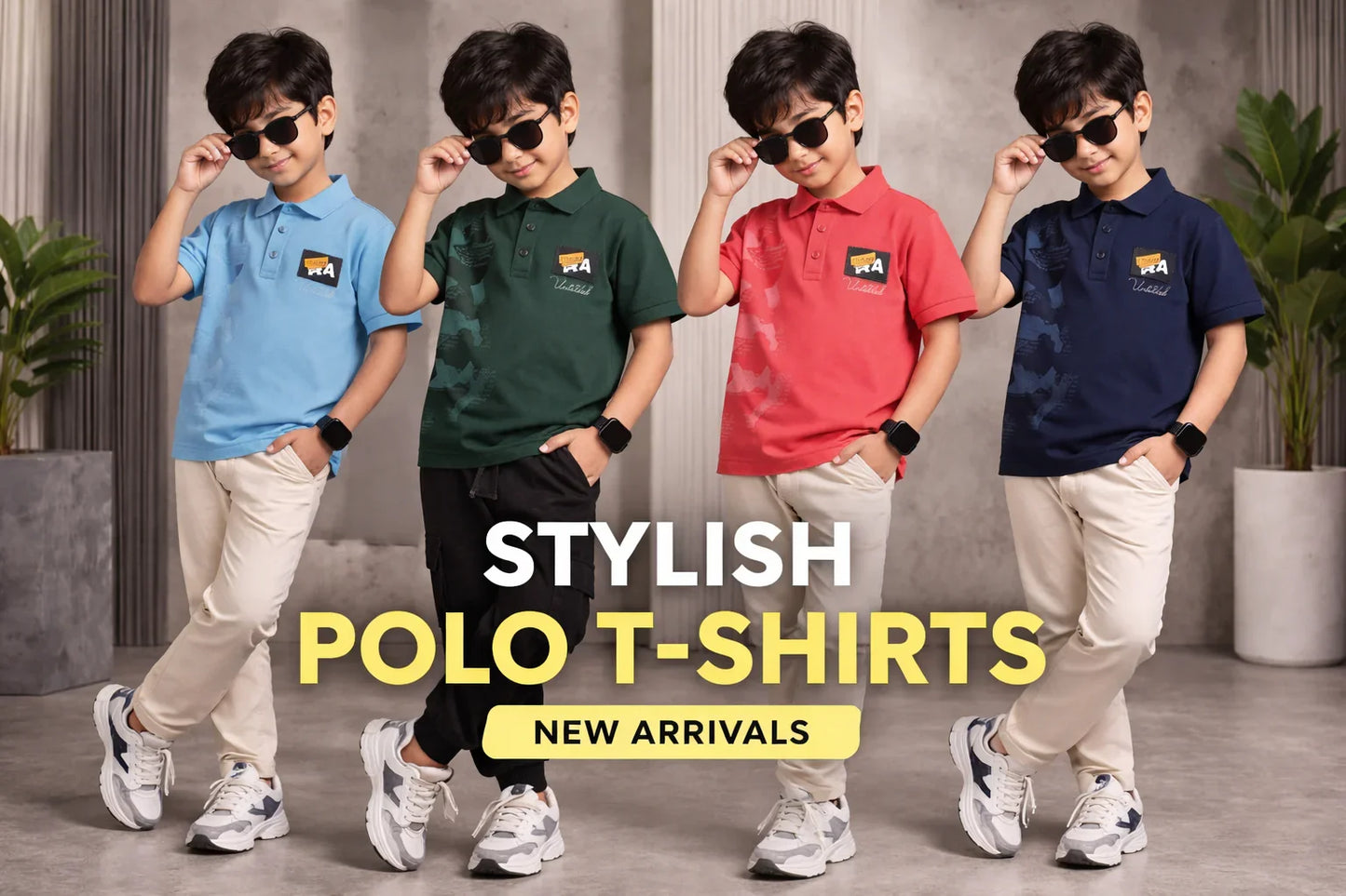 Boys models pose in colorful polo t-shirts and sunglasses, promoting new stylish arrivals.