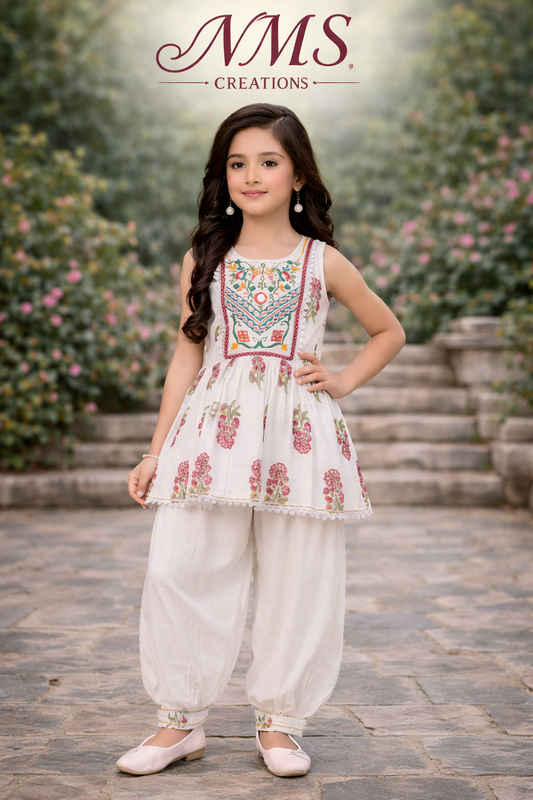 Girls Ivory White Printed Indo-Western Suit