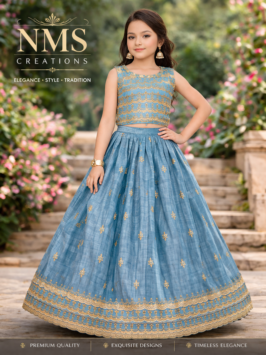 Girls Firozi Blue Embroidered Lehenga Set