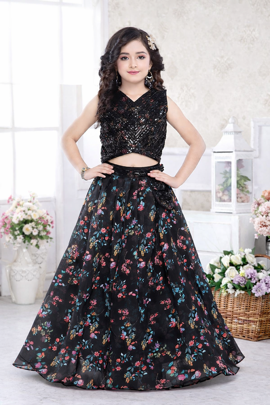 Girls Black Floral Indo-Western Lehenga Set