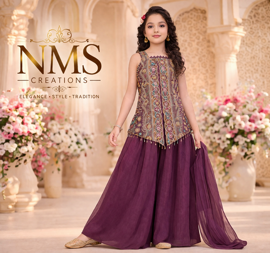 Girl's Dark Purple Indo-Western Palazzo Set