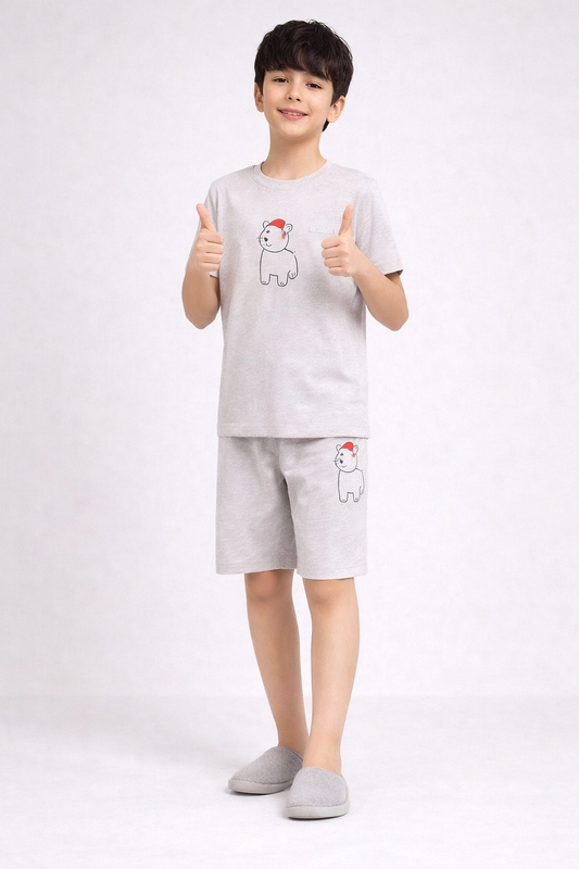Boys silver grey cat motif short night suit front view