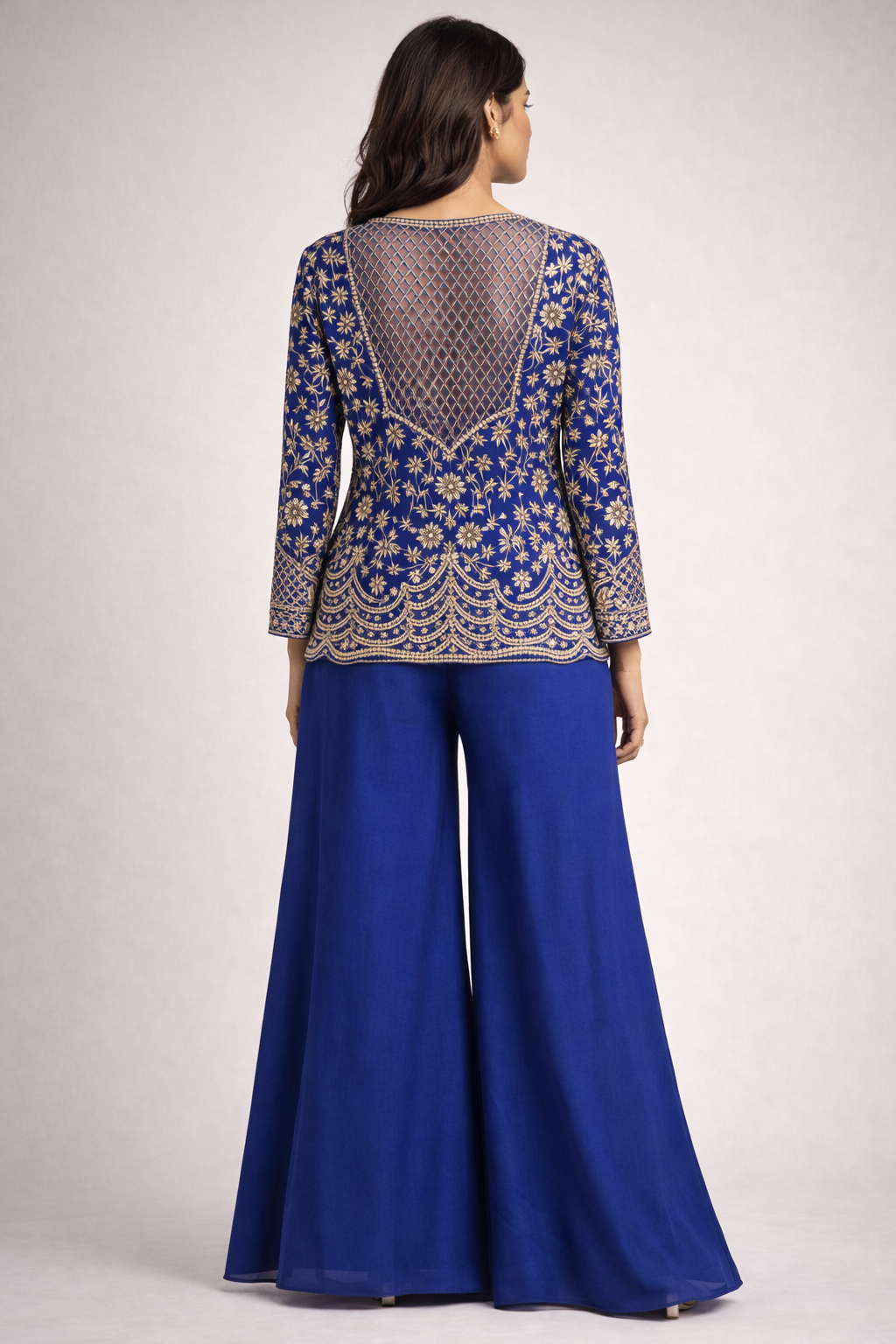 Teal Blue Embroidered Indo-Western Palazzo Set (3-Piece)