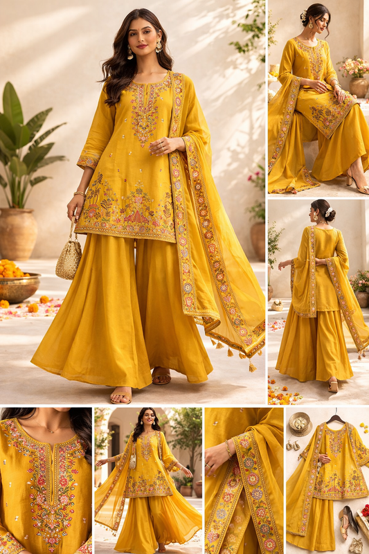 Mustard Gold Embroidered Festive Suit Set (3-Piece)