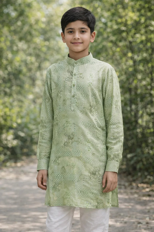 Boy wearing pastel green woven festive kurta set front view
