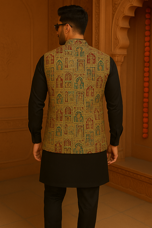 Regal Heritage Embroidered Koti Set – Black Kurta with Multicolor Brocade Jacket