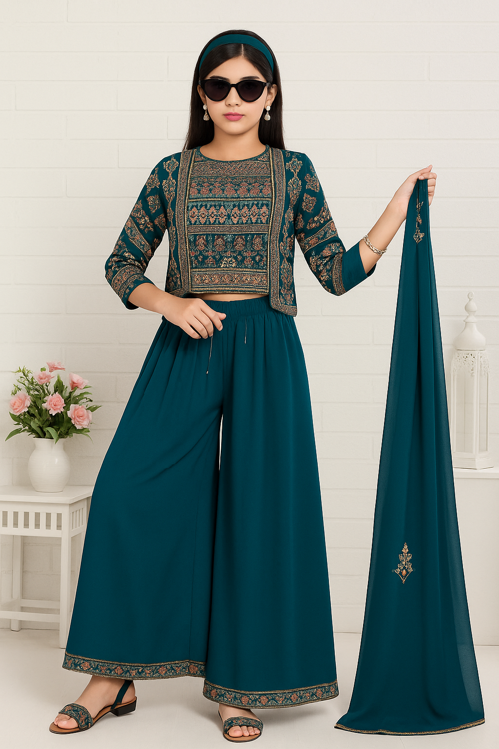 Deep Blue-Green Embroidered Palazzo Set - 65071
