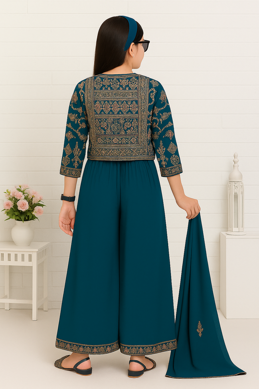 Deep Blue-Green Embroidered Palazzo Set - 65071