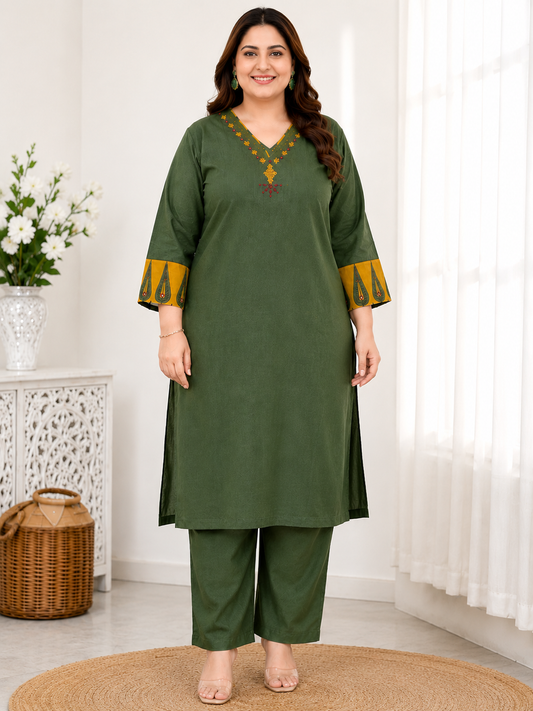 Olive Bloom Cotton Kurta Pant Set