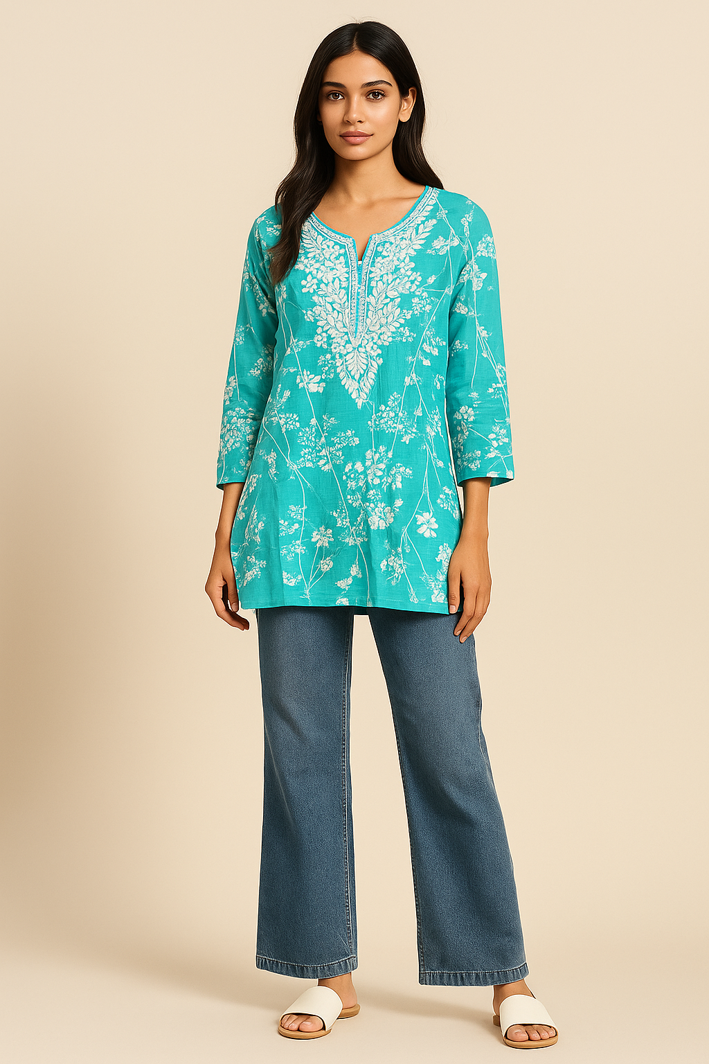 Sky Blue Floral Embroidered Kurti