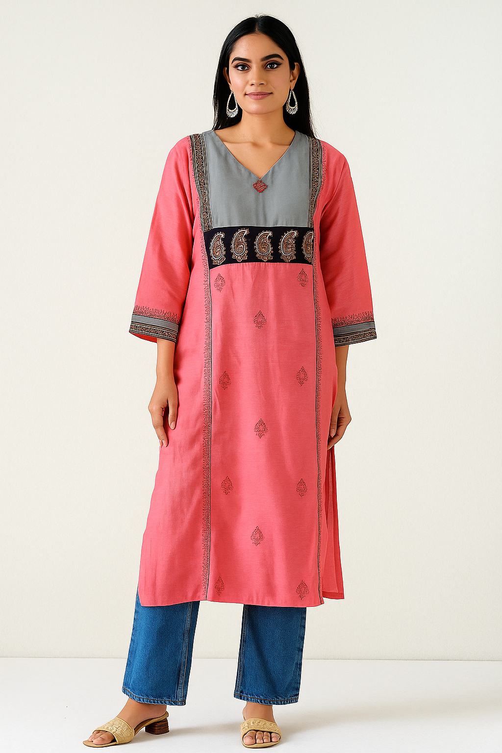 Coral Pink & Grey Yoke Kurta