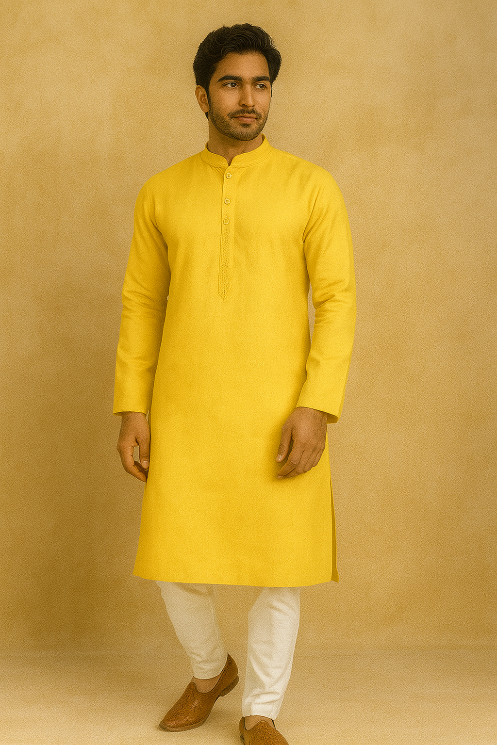Man wearing a yellow kurta with white pants against a beige background