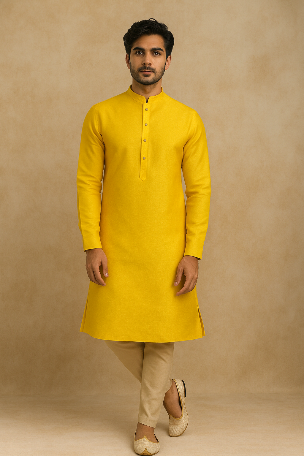 Elite Textured Men's Kurta Set – Classic Yellow