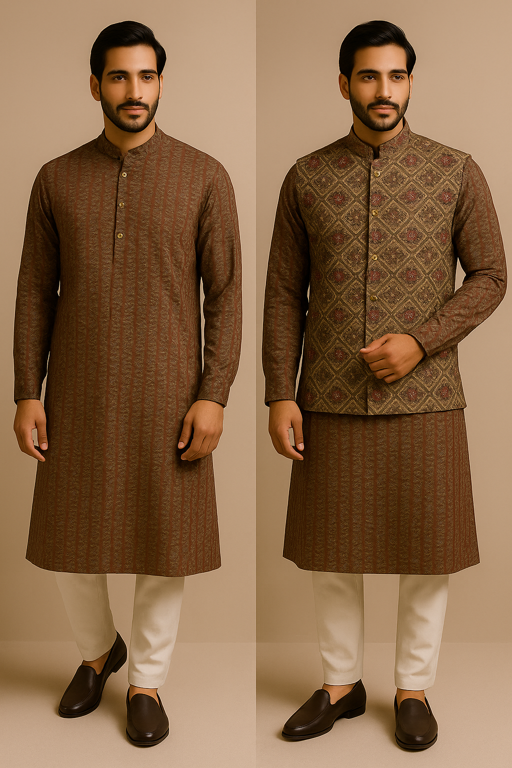 Chestnut Brown Kurta With Nehru Jacket (Koti Set)