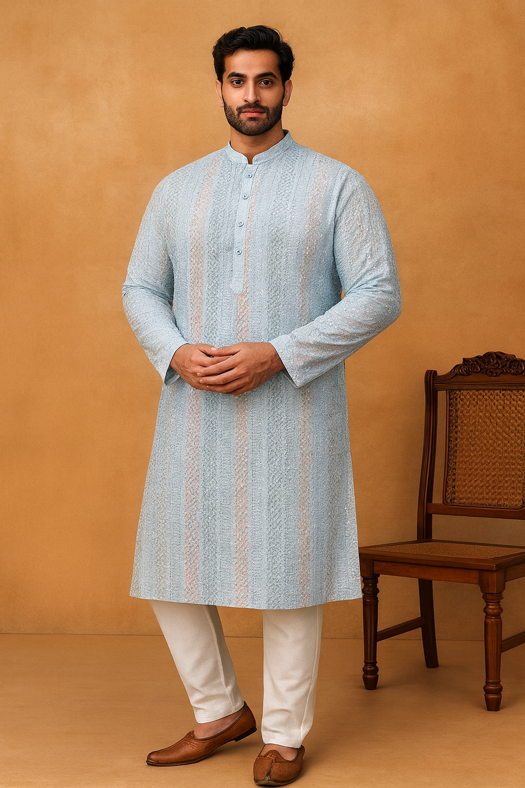 Pastel Blue Embroidered Men’s Kurta – Elegant Festive Wear