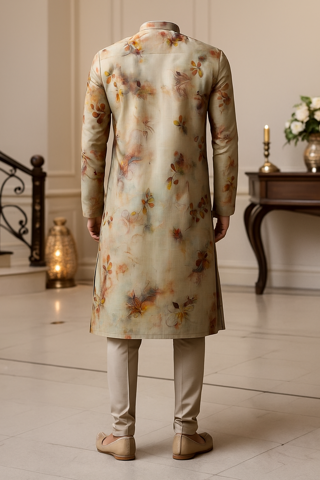 Men’s Autumn Beige Artistic Print Cotton Kurta