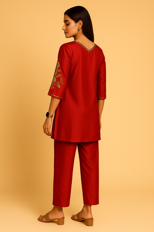 Scarlet Red Embroidered Co-ord Set