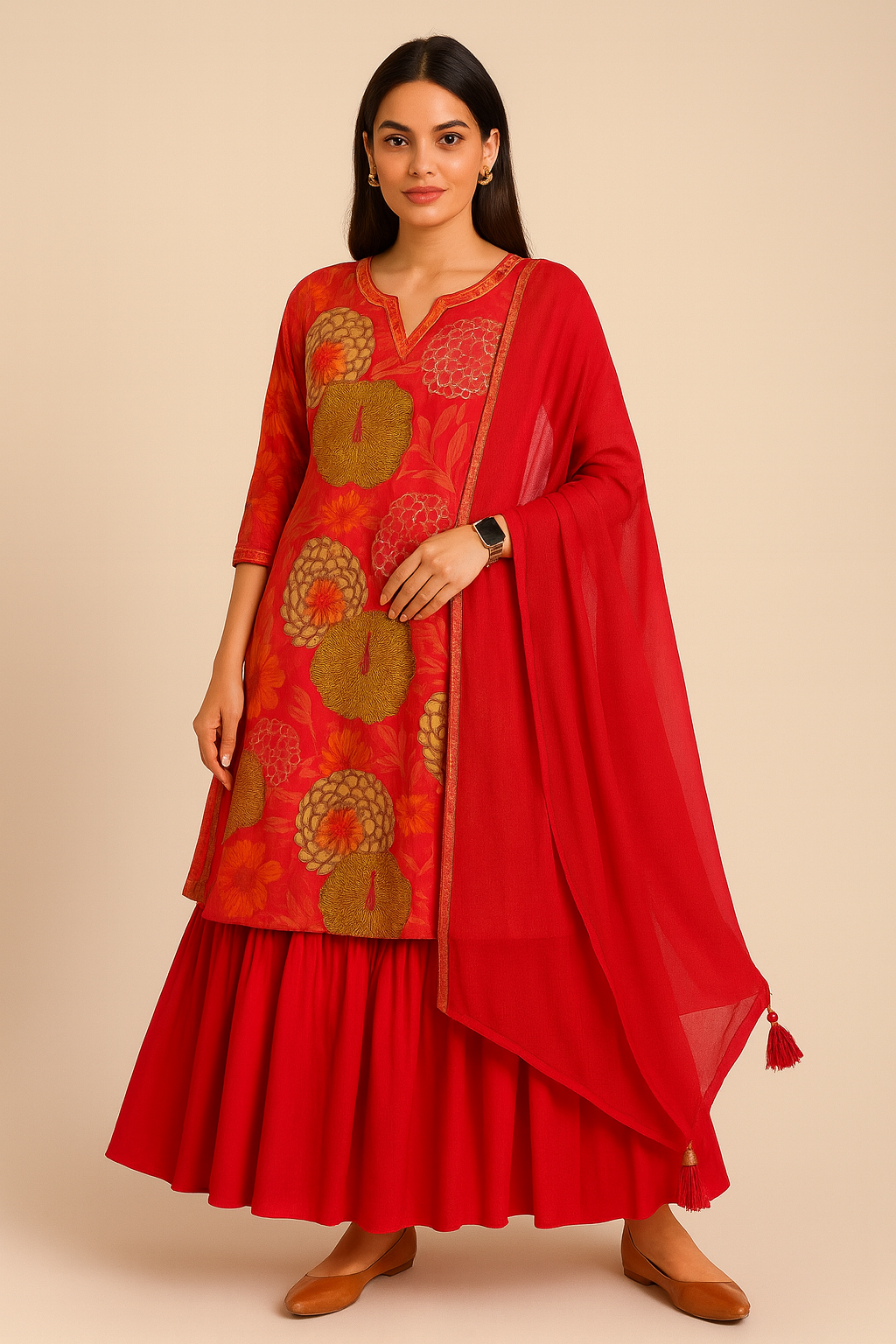 Crimson Bloom Tiered Skirt Kurta Set