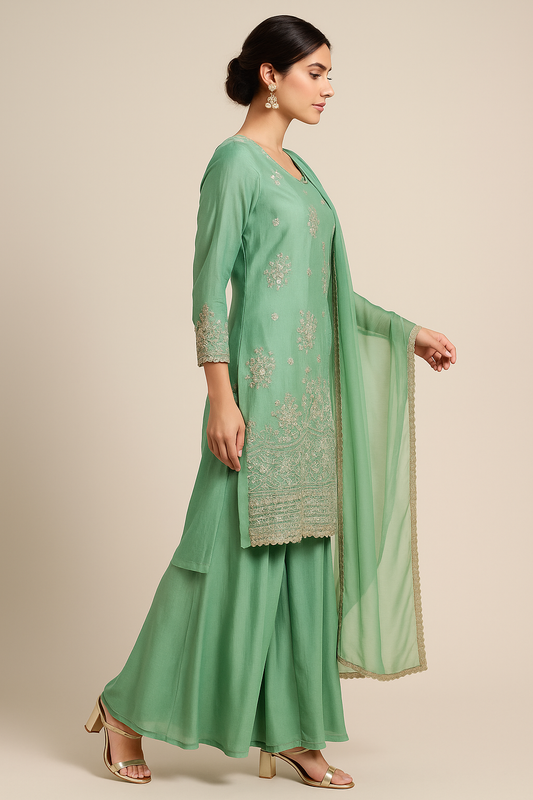 Embroidered Silk Blend Palazzo Suit – Pista Green