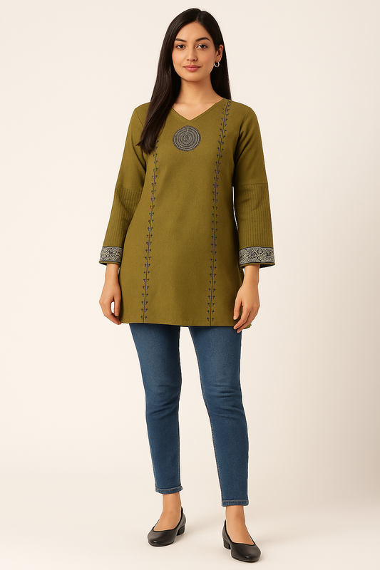 Olive Grove Embroidered Cotton Kurti