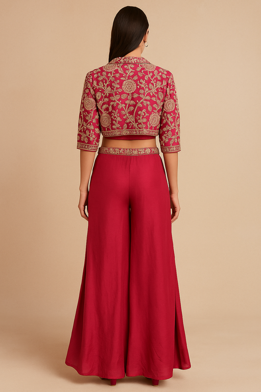 Rose Red Embroidered Indo-Western 3-Piece Set – Rose Red