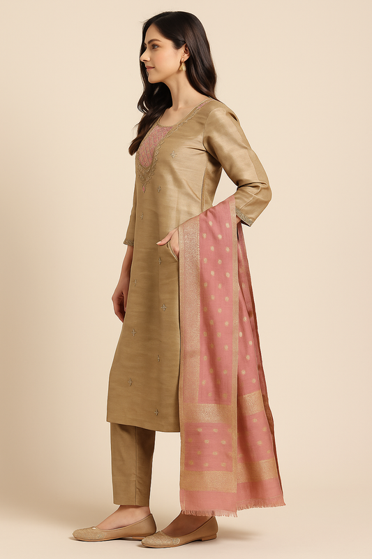 Rose Beige Radiance – Embroidered Silk Blend Salwar Suit